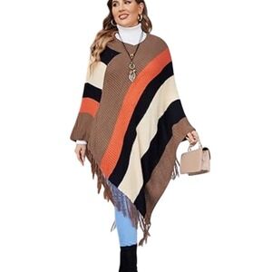 IN'VOLAND Striped Poncho Sweater Fringe Hem Pullover Plus Size 16W‎